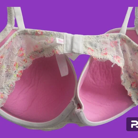 PINK Victoria's Secret pink flirt push-up bra floral lace in white and pink 36D - Picture 6 of 7